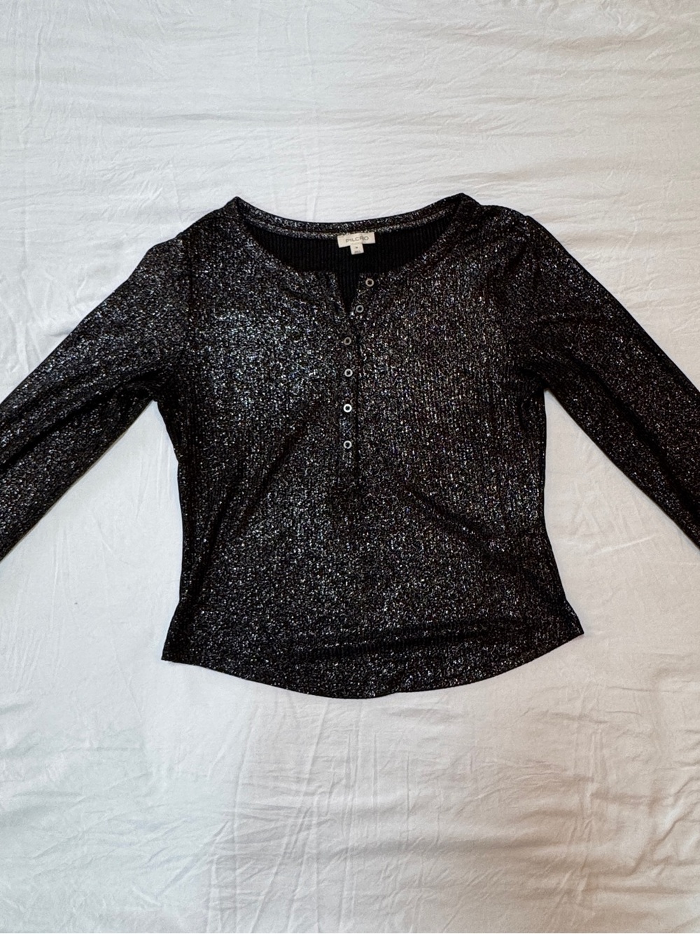 Pilcro Black Sparkle Long Sleeve Henley Tee